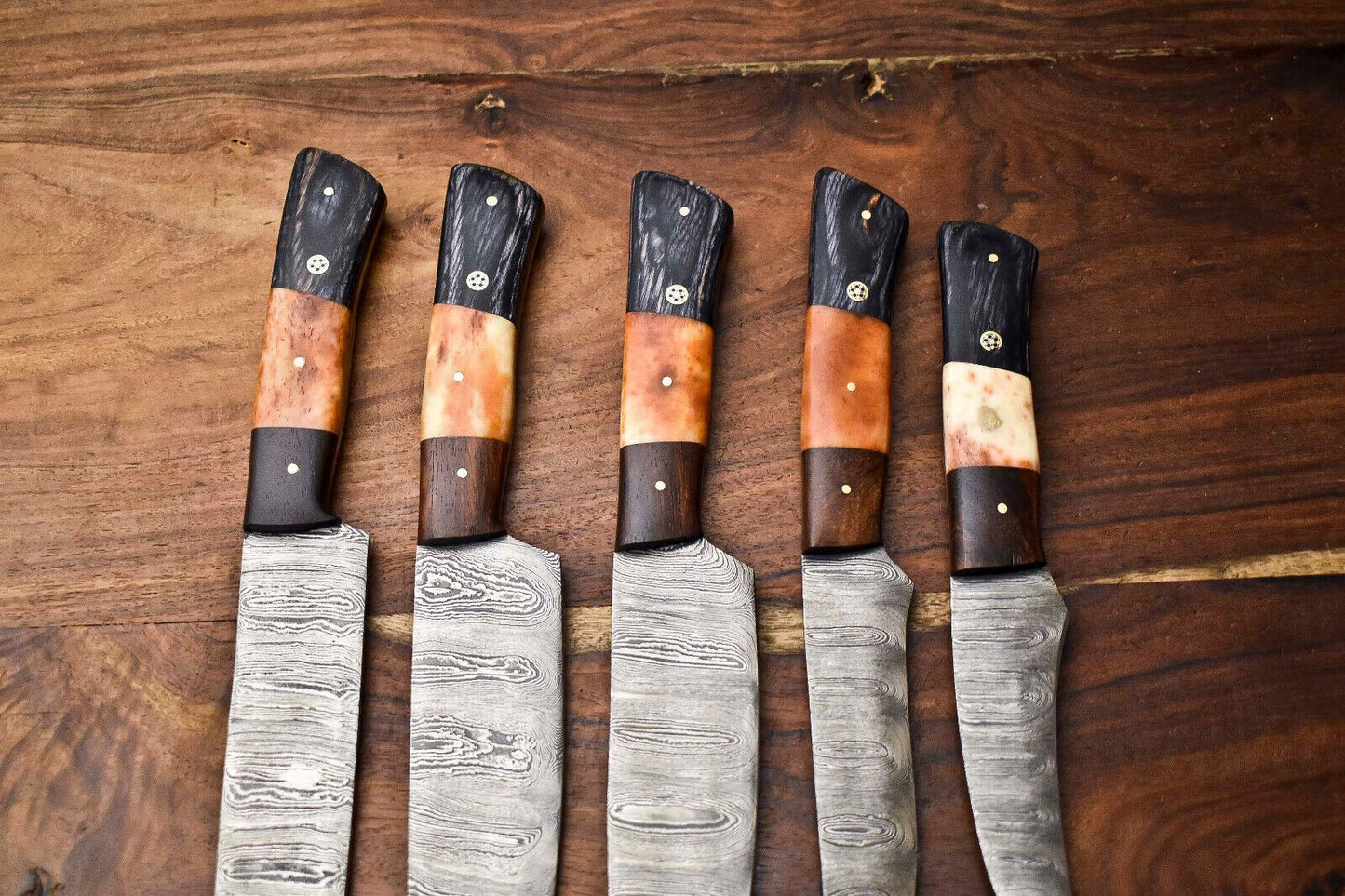 Lot Of 5 Handmade Damascus Steel Chef Knives Set  Hammered Full Tang Blades 1013 Razor Sharp 1