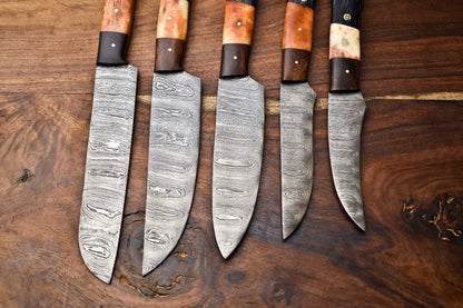 Lot Of 5 Handmade Damascus Steel Chef Knives Set  Hammered Full Tang Blades 1013 Razor Sharp 2