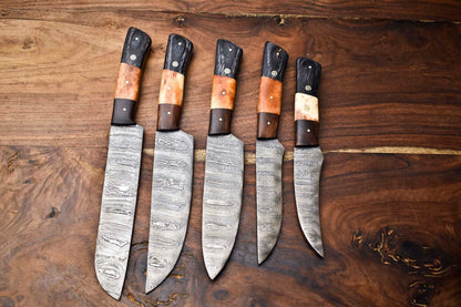 Lot Of 5 Handmade Damascus Steel Chef Knives Set  Hammered Full Tang Blades 1013 Razor Sharp 3