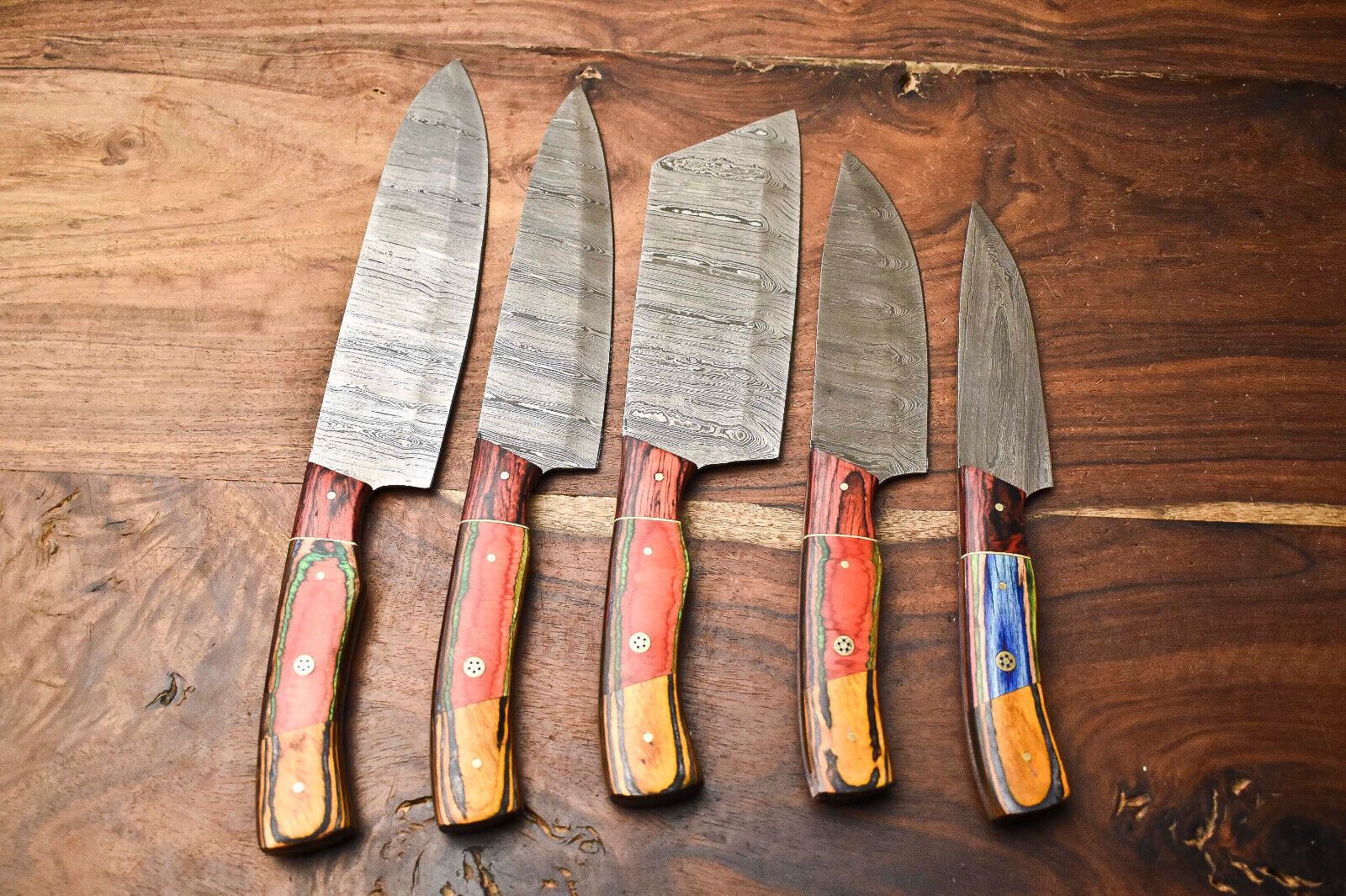 Custom Lot of 5 Handmade Hammered Damascus Steel Chef Knives Set | 10"-13" Razor Sharp Blades