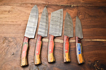 Custom Lot of 5 Handmade Hammered Damascus Steel Chef Knives Set | 10"-13" Razor Sharp Blades