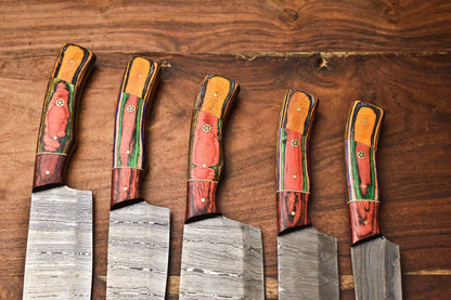 Custom Lot Of 5 Handmade Hammered Damascus Steel Chef Knives Set  1013 Razor Sharp Blades 1