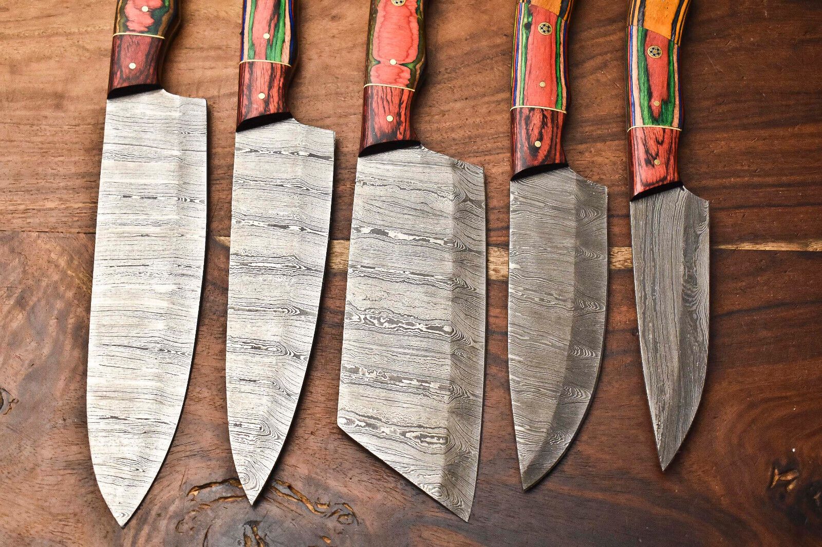 Custom Lot Of 5 Handmade Hammered Damascus Steel Chef Knives Set  1013 Razor Sharp Blades 2