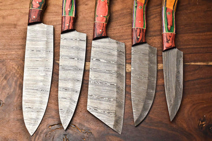 Custom Lot Of 5 Handmade Hammered Damascus Steel Chef Knives Set  1013 Razor Sharp Blades 2