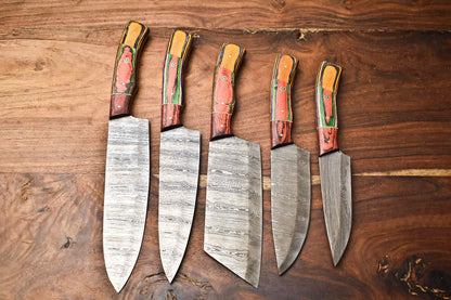 Custom Lot Of 5 Handmade Hammered Damascus Steel Chef Knives Set  1013 Razor Sharp Blades 3