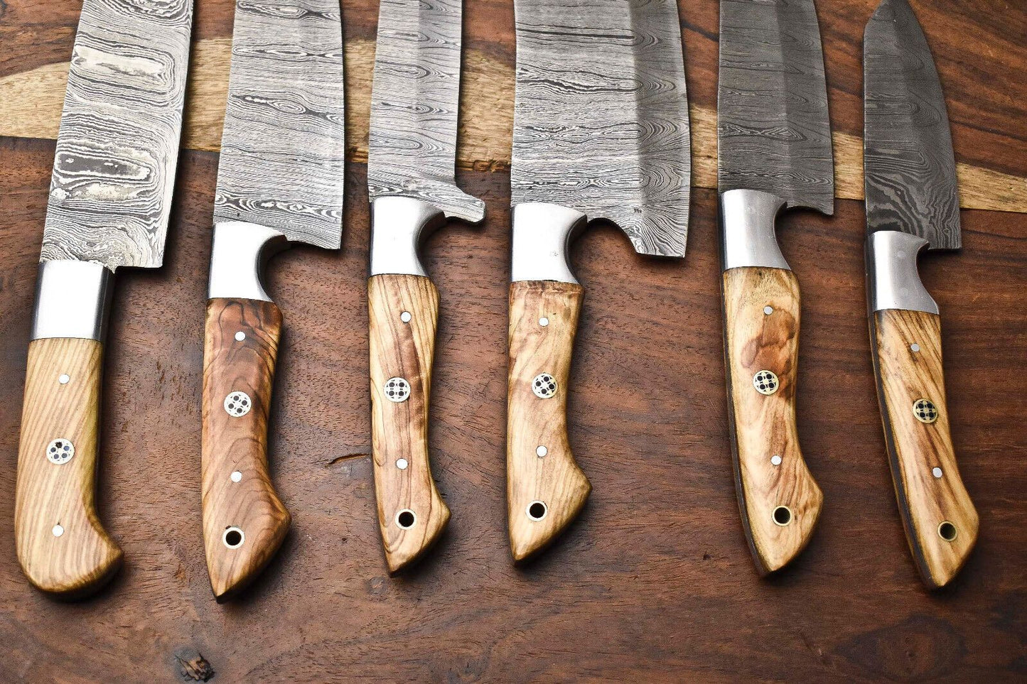Custom Lot Of 6 Handmade Hammered Damascus Steel Chef Knives Set  Full Tang Razor Sharp Blades 1