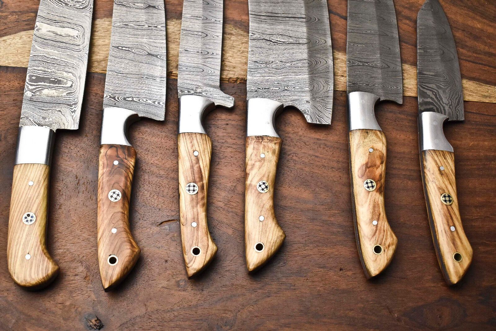 Custom Lot Of 6 Handmade Hammered Damascus Steel Chef Knives Set  Full Tang Razor Sharp Blades 1