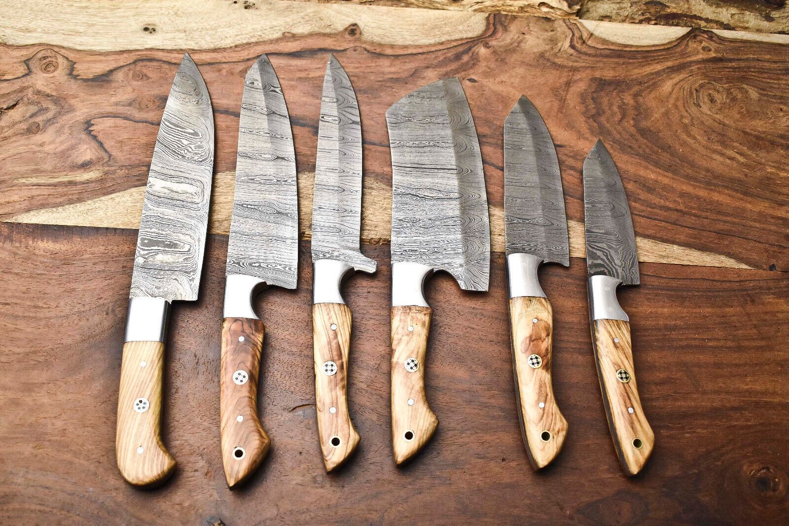 Custom Lot of 6 Handmade Hammered Damascus Steel Chef Knives Set | Full Tang Razor Sharp Blades