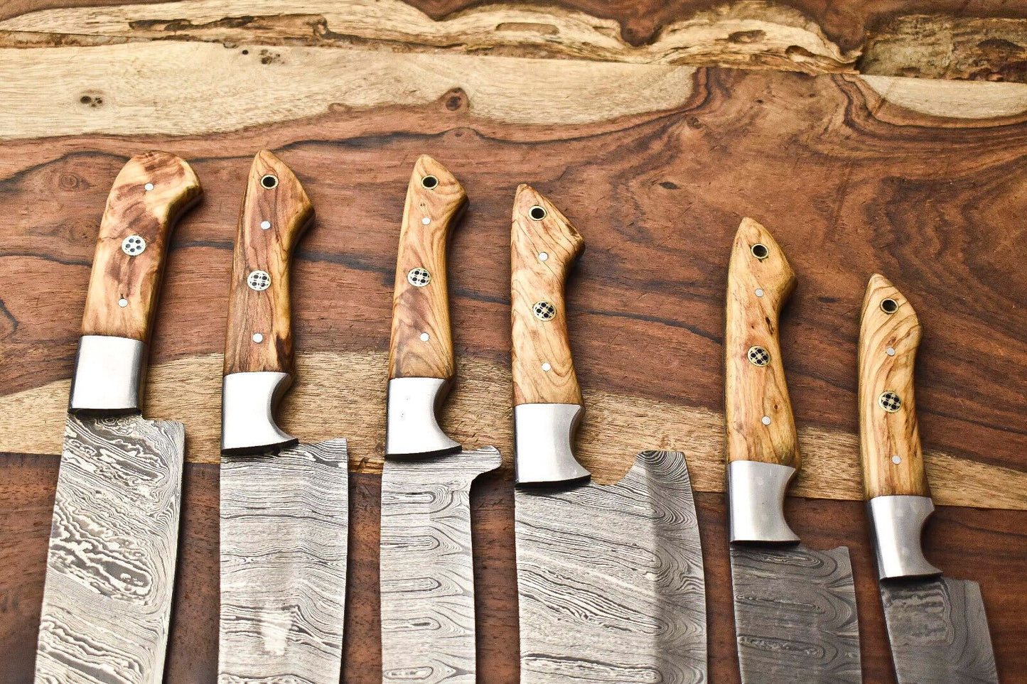 Custom Lot Of 6 Handmade Hammered Damascus Steel Chef Knives Set  Full Tang Razor Sharp Blades 2