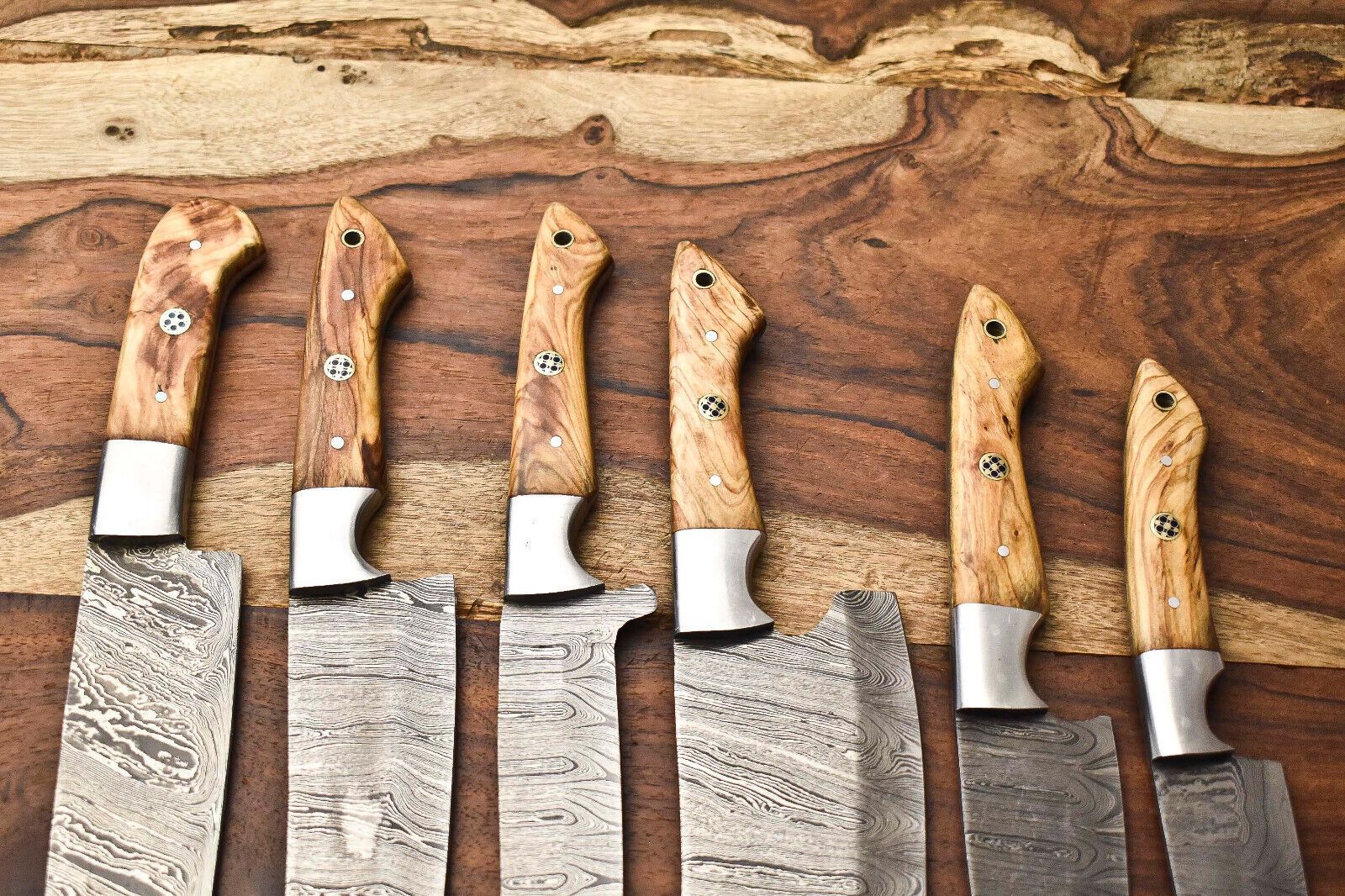 Custom Lot Of 6 Handmade Hammered Damascus Steel Chef Knives Set  Full Tang Razor Sharp Blades 2