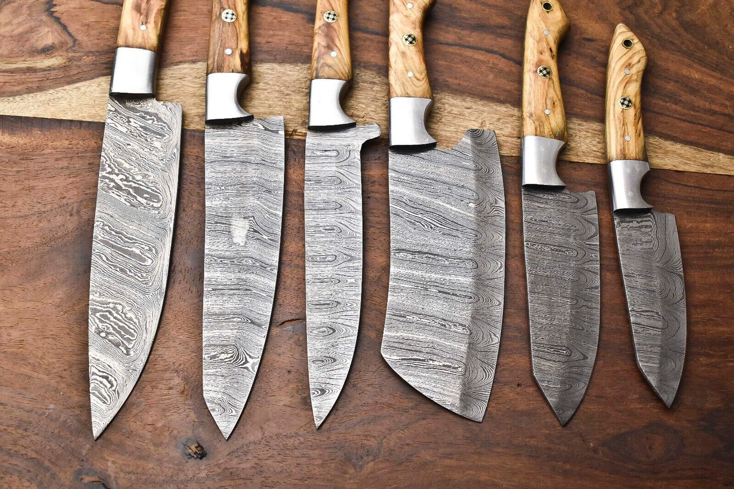 Custom Lot Of 6 Handmade Hammered Damascus Steel Chef Knives Set  Full Tang Razor Sharp Blades 3