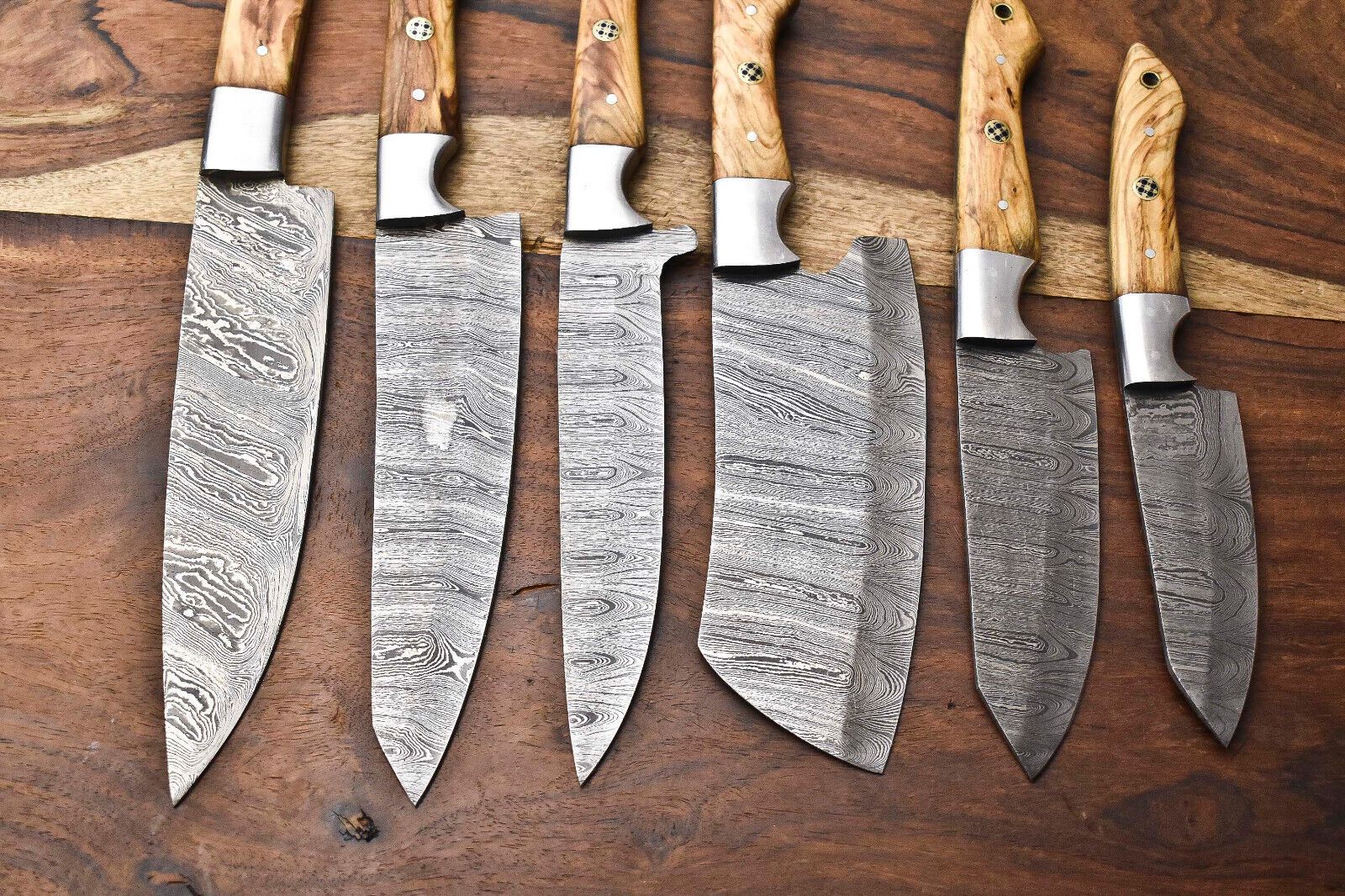 Custom Lot Of 6 Handmade Hammered Damascus Steel Chef Knives Set  Full Tang Razor Sharp Blades 3