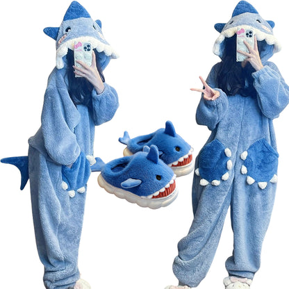Cartoon Shark Kigurumi, Women's Hooded Sleepwear, Unicorn Pajama Jumpsuit for Winter, Cosplay Party Loungewear
