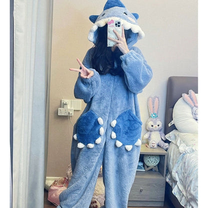 Cartoon Shark Kigurumi Womens Hooded Sleepwear Unicorn Pajama Jumpsuit For Winter Cosplay Party Lou 1