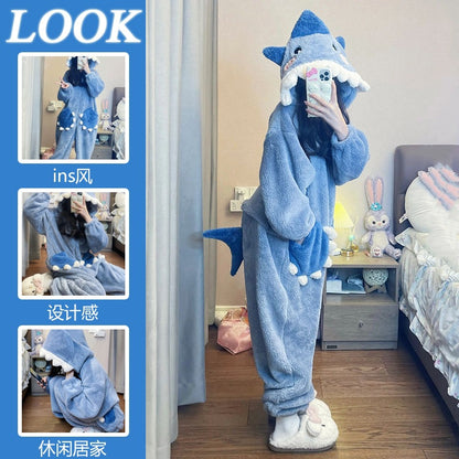 Cartoon Shark Kigurumi Womens Hooded Sleepwear Unicorn Pajama Jumpsuit For Winter Cosplay Party Lou 2