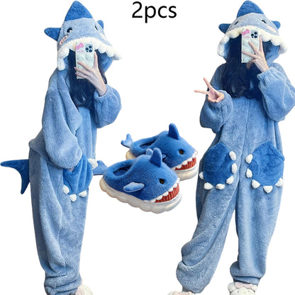Cartoon Shark Kigurumi Womens Hooded Sleepwear Unicorn Pajama Jumpsuit For Winter Cosplay Party Lou 6