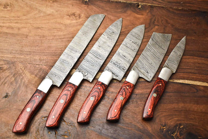 Lot of 5 Handmade Damascus Steel Chef Knives Set | Hammered Full Tang Blades, Razor Sharp