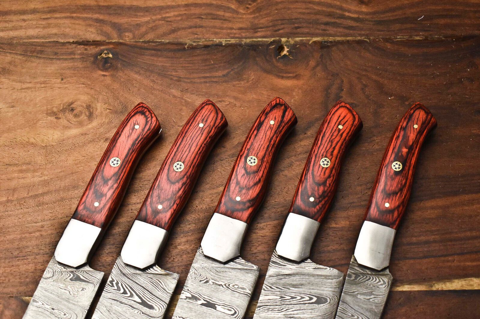 Lot Of 5 Handmade Damascus Steel Chef Knives Set  Hammered Full Tang Blades Razor Sharp 1