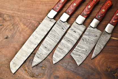 Lot Of 5 Handmade Damascus Steel Chef Knives Set  Hammered Full Tang Blades Razor Sharp 2
