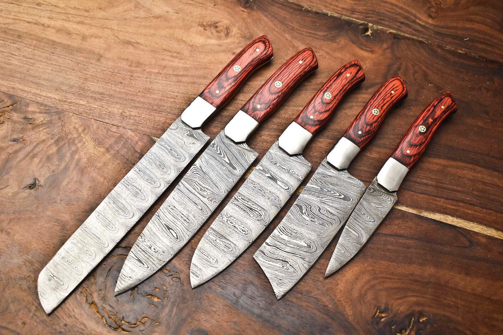 Lot Of 5 Handmade Damascus Steel Chef Knives Set  Hammered Full Tang Blades Razor Sharp 3