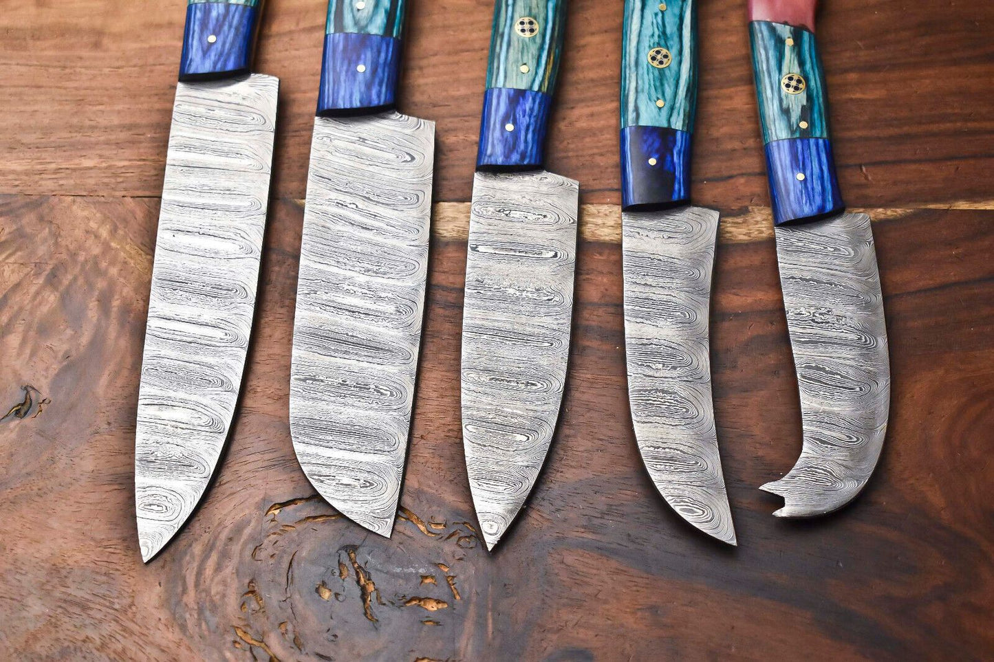 Lot Of 5 Handmade Damascus Steel Chef Knives Set  Hammered Full Tang Blades 1
