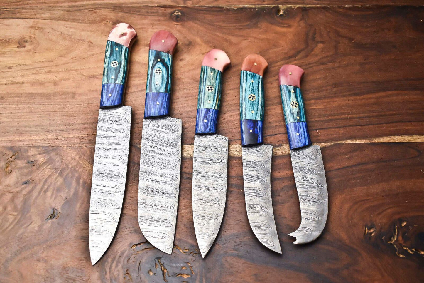 Lot of 5 Handmade Damascus Steel Chef Knives Set | Hammered Full Tang Blades