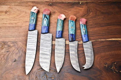 Lot of 5 Handmade Damascus Steel Chef Knives Set | Hammered Full Tang Blades