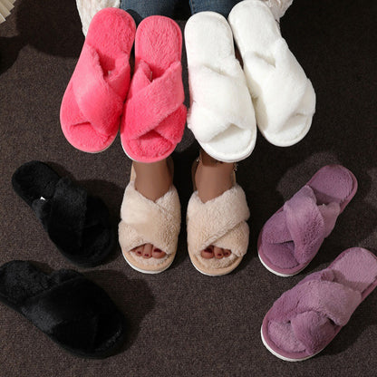 Womens Fluffy Slippers, Fashion Cross Band Soft Plush House Shoes, Cozy Furry Open Toe Indoor Outdoor Warm Slip