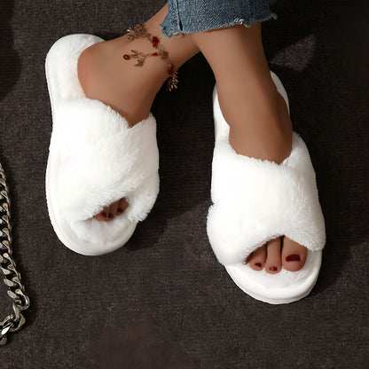 Womens Fluffy Slippers Fashion Cross Band Soft Plush House Shoes Cozy Furry Open Toe Indoor Outdoor 3
