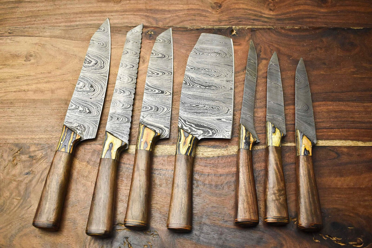 Lot of 7 Handmade Damascus Steel Chef Knives Set | Hammered Full Tang Blades, 100% Unique