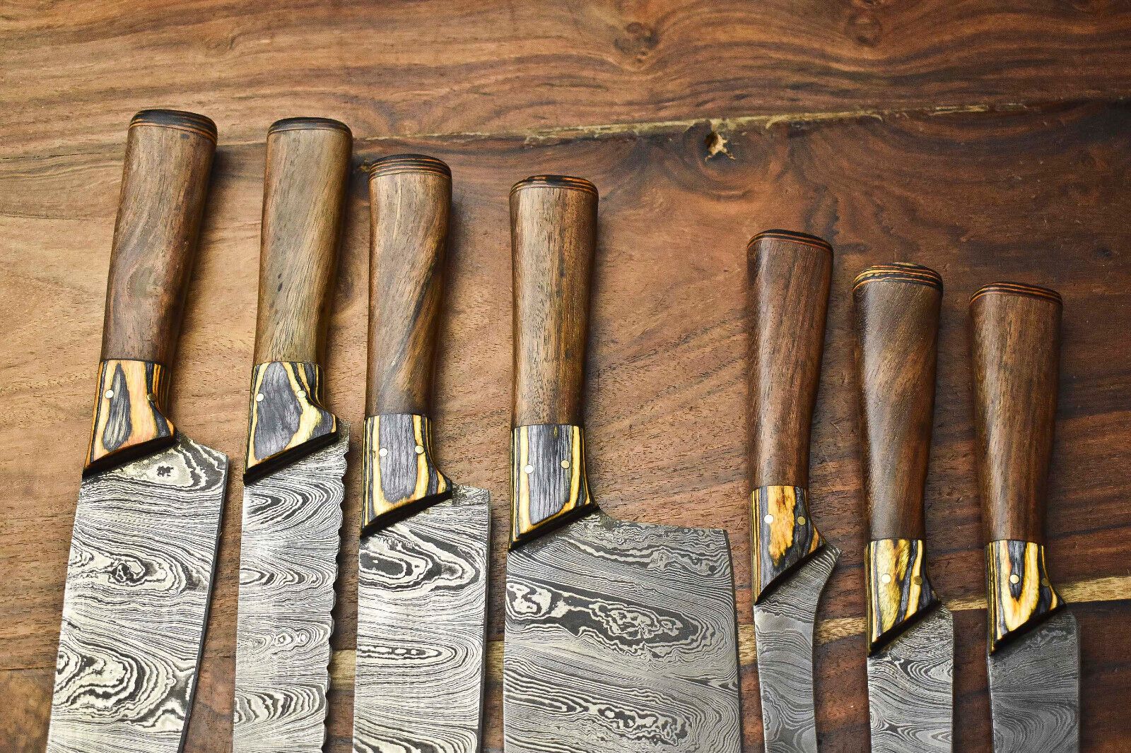 Lot Of 7 Handmade Damascus Steel Chef Knives Set  Hammered Full Tang Blades 100 Unique 1