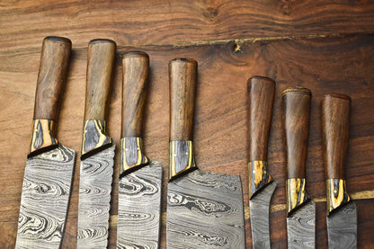 Lot Of 7 Handmade Damascus Steel Chef Knives Set  Hammered Full Tang Blades 100 Unique 1