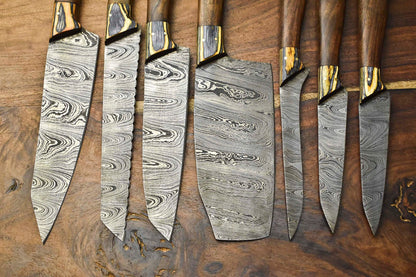 Lot Of 7 Handmade Damascus Steel Chef Knives Set  Hammered Full Tang Blades 100 Unique 2