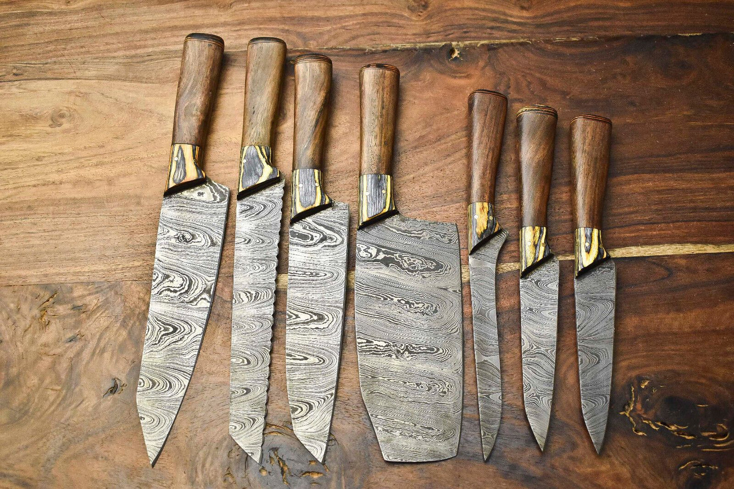 Lot Of 7 Handmade Damascus Steel Chef Knives Set  Hammered Full Tang Blades 100 Unique 3