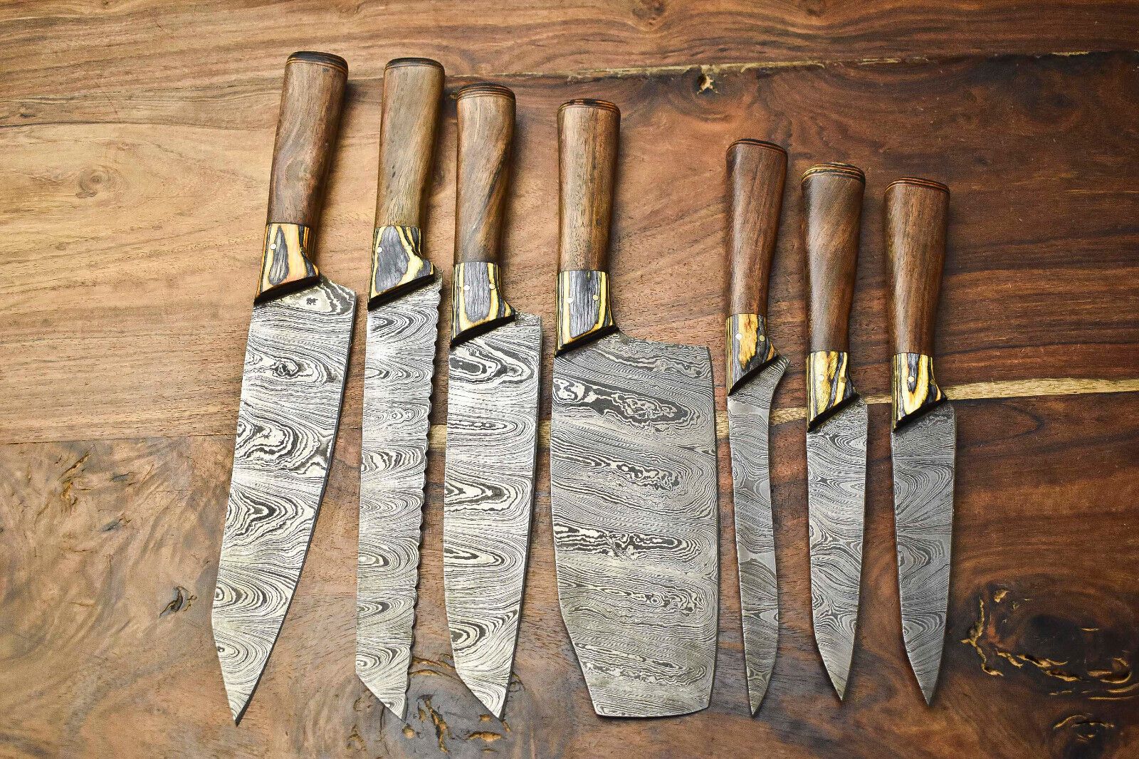 Lot Of 7 Handmade Damascus Steel Chef Knives Set  Hammered Full Tang Blades 100 Unique 3