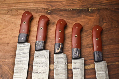 Custom Lot Of 5 Handmade Hammered Damascus Steel Chef Knives Set 1