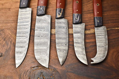 Custom Lot Of 5 Handmade Hammered Damascus Steel Chef Knives Set 2