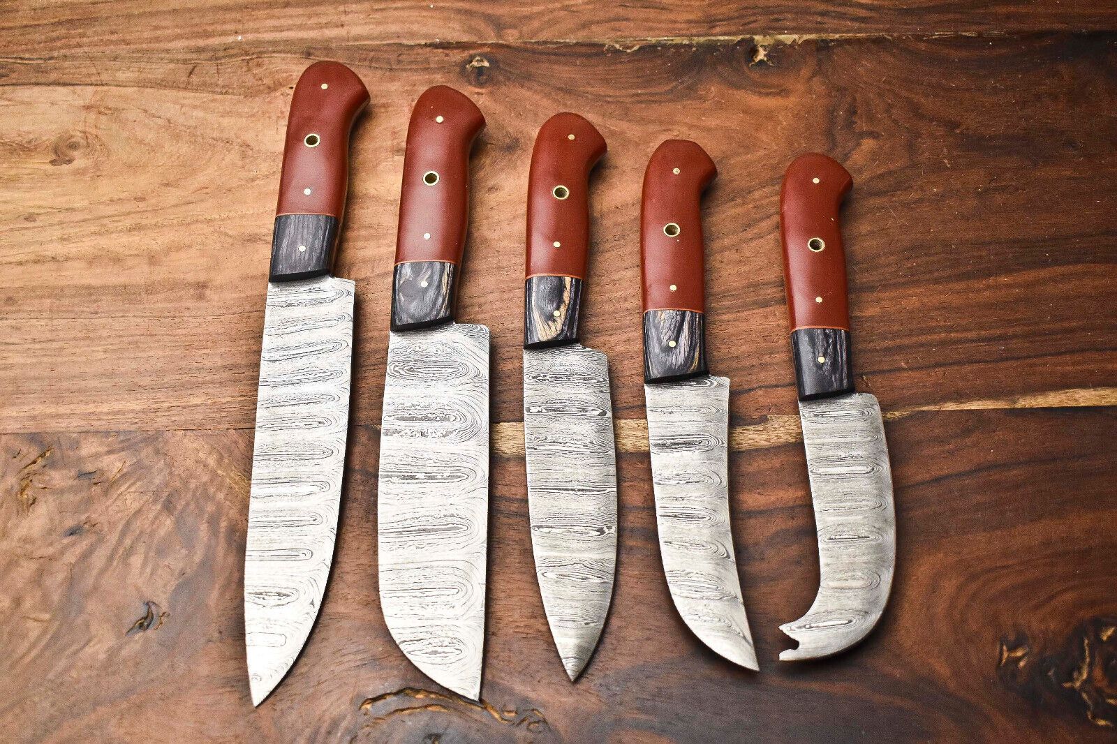 Custom Lot Of 5 Handmade Hammered Damascus Steel Chef Knives Set 3