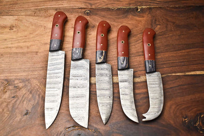 Custom Lot Of 5 Handmade Hammered Damascus Steel Chef Knives Set 3