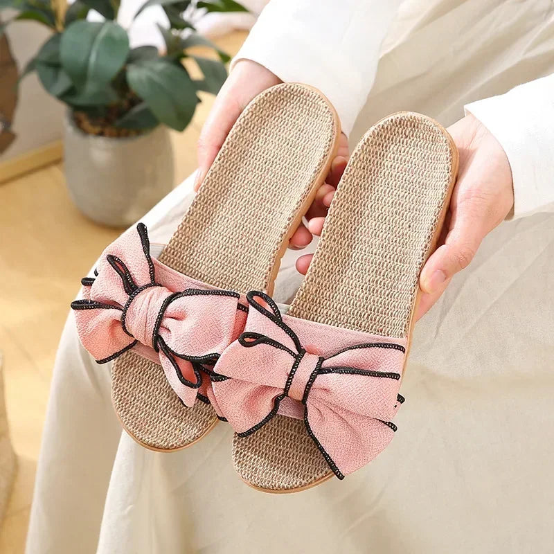 Ladies Indoor Shoes, Women Summer Casual Slides, Striped Bow Linen Flip Flops, Comfortable Flax Slippers