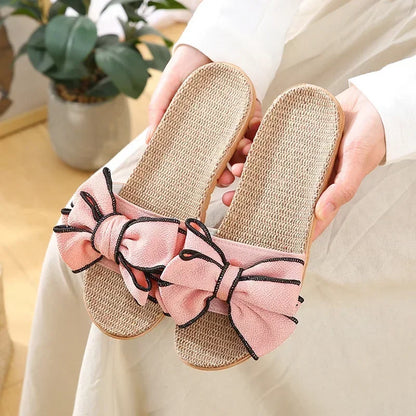 Ladies Indoor Shoes, Women Summer Casual Slides, Striped Bow Linen Flip Flops, Comfortable Flax Slippers
