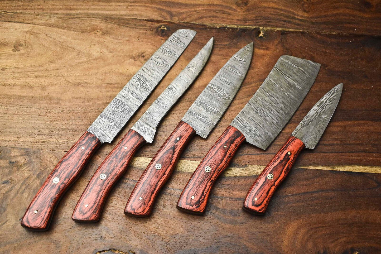 Custom Damascus Steel Chef Knife Set of 5 | Handmade Full Tang Hammered Blades