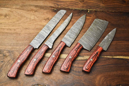 Custom Damascus Steel Chef Knife Set of 5 | Handmade Full Tang Hammered Blades