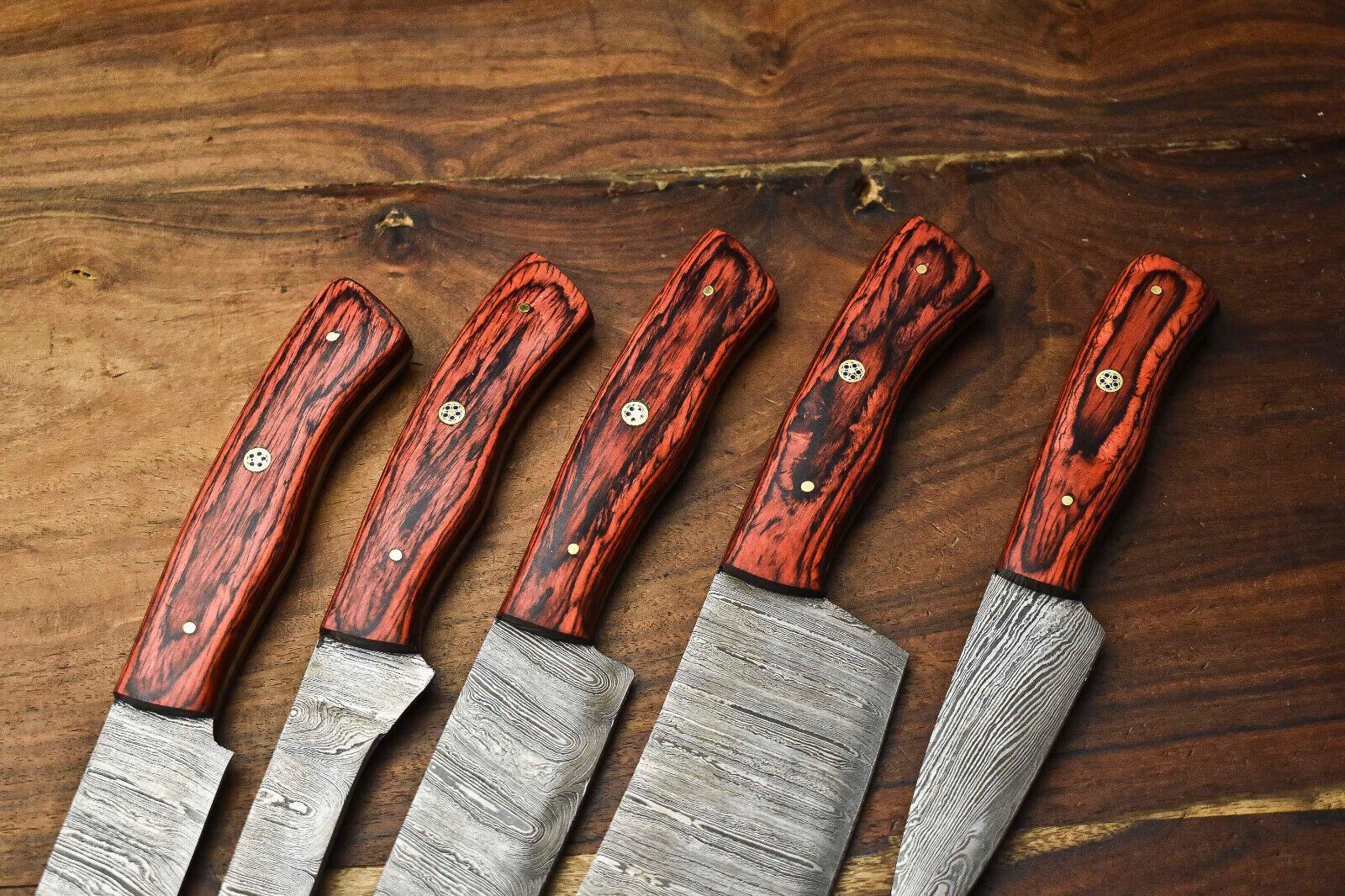 Custom Damascus Steel Chef Knife Set Of 5  Handmade Full Tang Hammered Blades 1