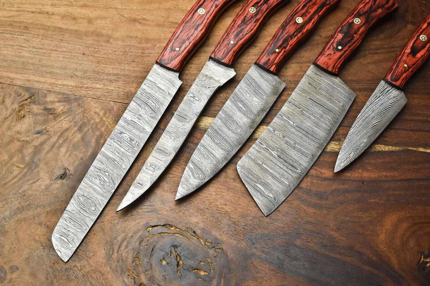 Custom Damascus Steel Chef Knife Set Of 5  Handmade Full Tang Hammered Blades 2