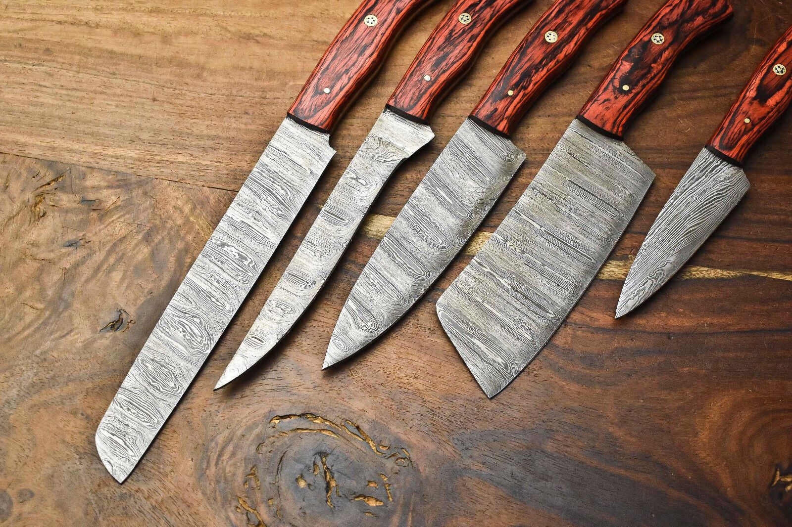 Custom Damascus Steel Chef Knife Set Of 5  Handmade Full Tang Hammered Blades 2
