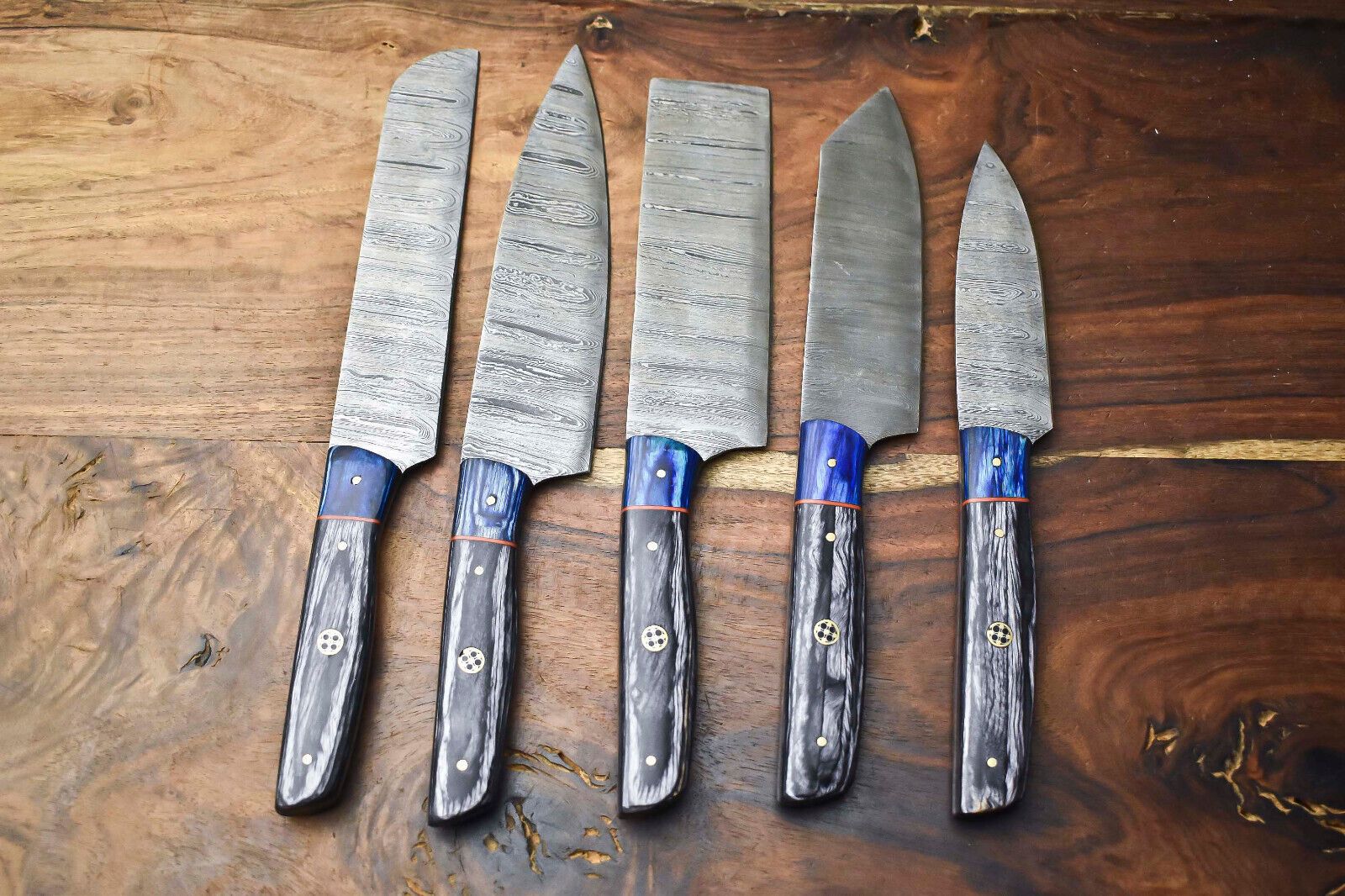 Lot of 5 Custom Handmade Damascus Chef Knives | Hammered Razor Sharp Kitchen Set