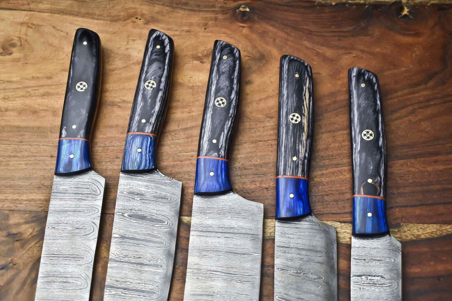 Lot Of 5 Custom Handmade Damascus Chef Knives  Hammered Razor Sharp Kitchen Set 1
