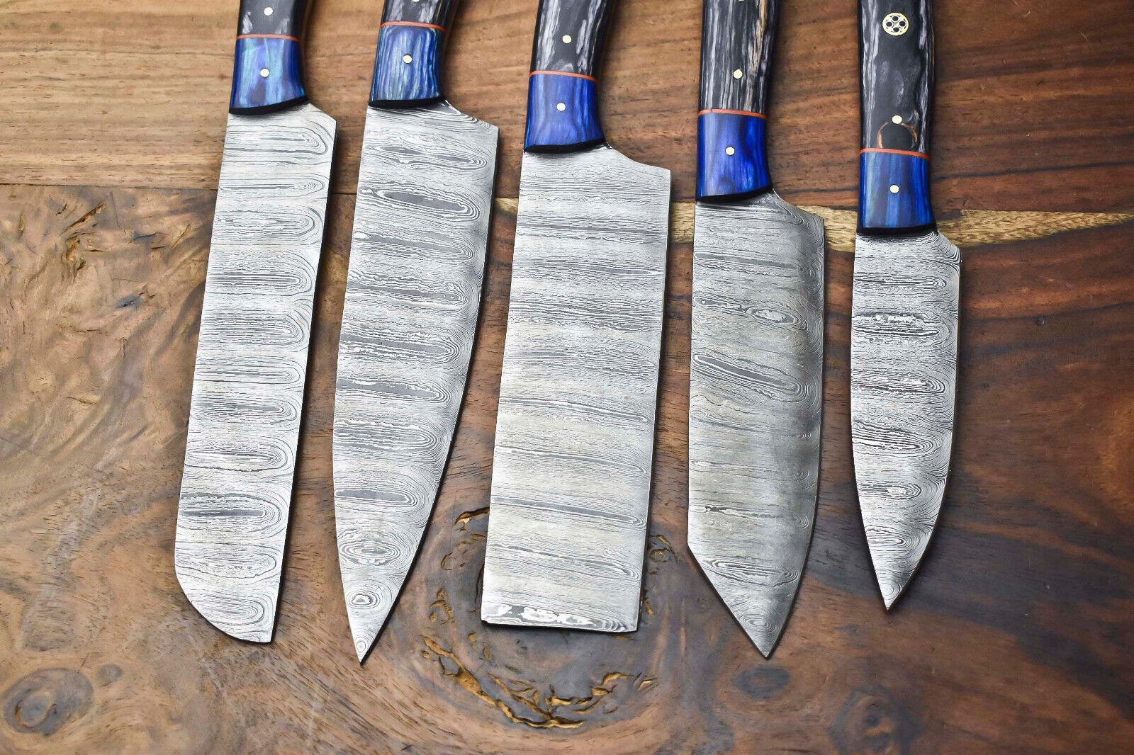 Lot Of 5 Custom Handmade Damascus Chef Knives  Hammered Razor Sharp Kitchen Set 2