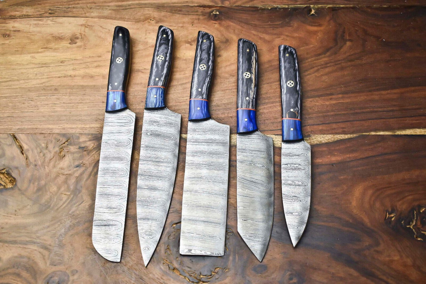 Lot Of 5 Custom Handmade Damascus Chef Knives  Hammered Razor Sharp Kitchen Set 3